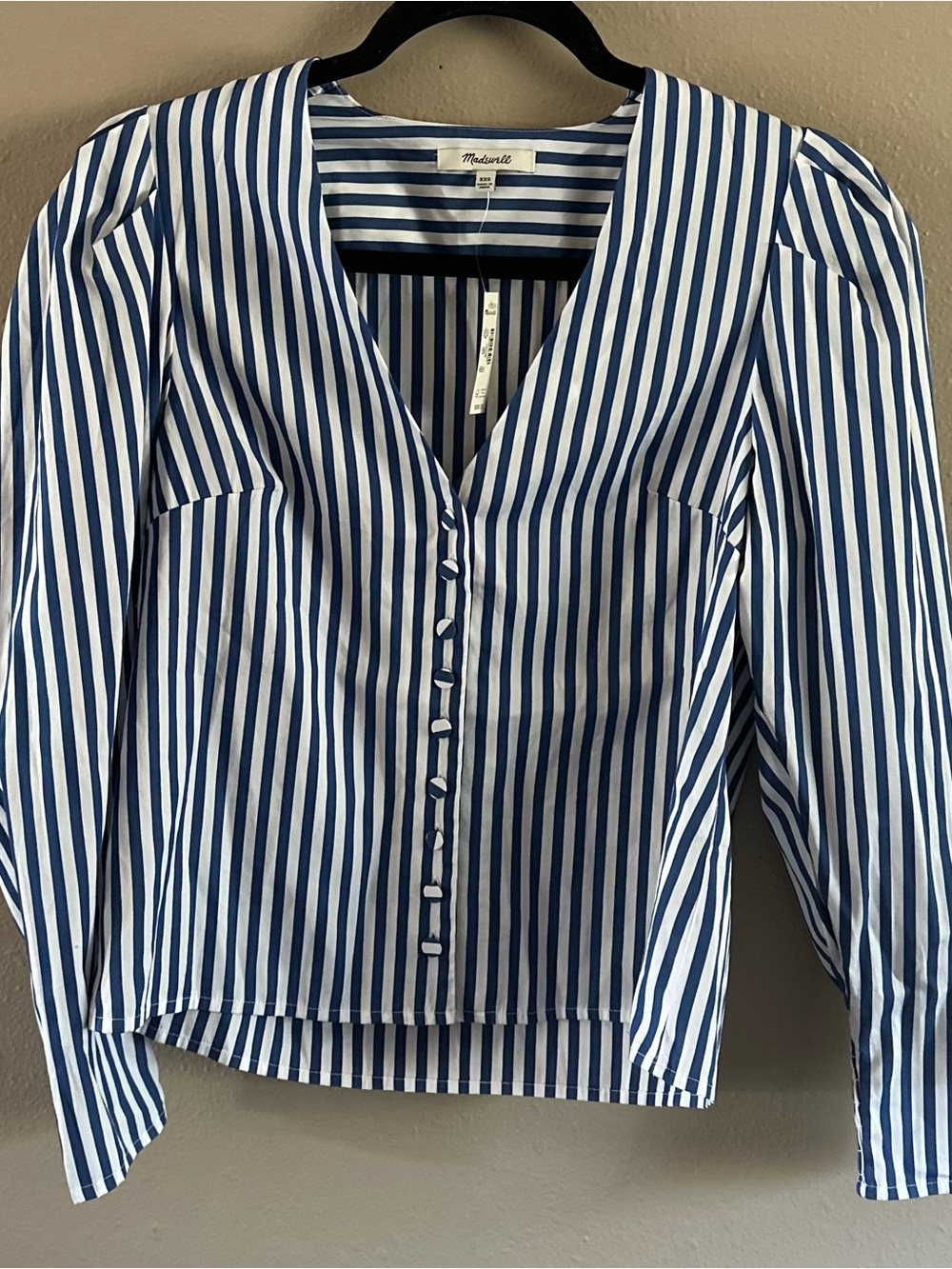 Madewell Navy & White Vertical Stripe V-Neck Button Blouse